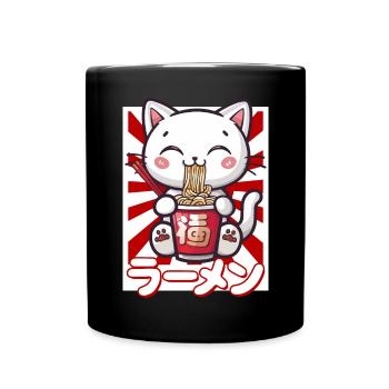 Cat Loves Ramen Bowl Kawaii Anime - Mug uni - noir - Devant