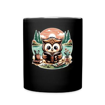 Eule Liest Buch Wildnis Floral Rahmen - Tasse einfarbig - Schwarz - Vorne