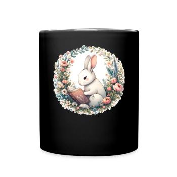 Rabbit Wilderness Book Illustration With Flower - Full Colour Mug - black - Front