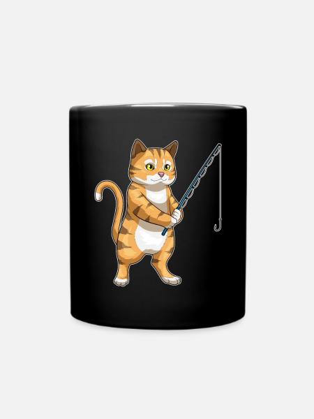 Katze Angler Angelrute Angeln - Tasse einfarbig - Schwarz
