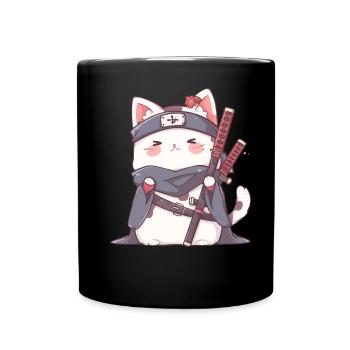 Samurai Cat Kawaii Japanese Ninja Cat - Full Colour Mug - black - Front