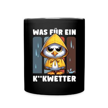 Lustige Möwe im Regencape "Was für ein Kackwetter" - Tasse einfarbig - Schwarz - Vorne