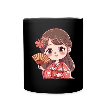 Cute Cherry Blossom Kimono Figurine - Full Colour Mug - black - Front