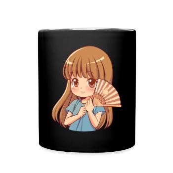 Fille d’anime avec ventilateur dans les tons pastel - Mug uni - noir - Devant
