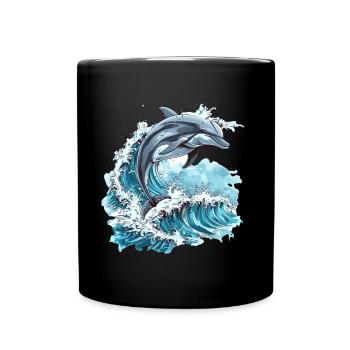 Dolphin Surrounded by Ocean Waves - Full Colour Mug - black - Front