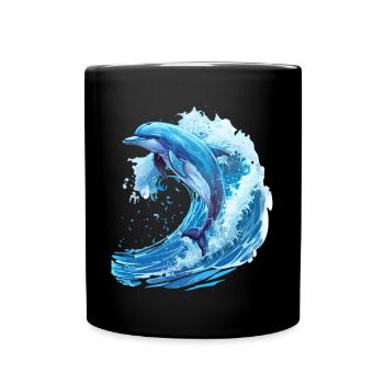 Springender Delfin in Blauer Welle - Tasse einfarbig - Schwarz - Vorne
