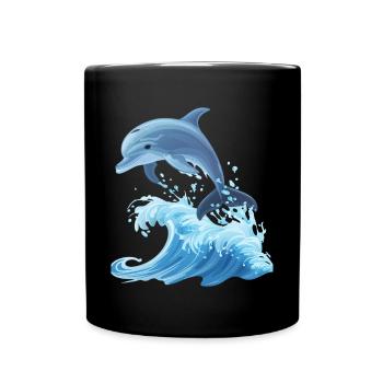Dolphin Graphic with Waves Dolphin Lover Ocean - Full Colour Mug - black - Front