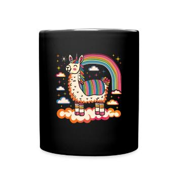 Flippiges Alpaka mit bunten Regenbogen-Streifen - Tasse einfarbig - Schwarz - Vorne