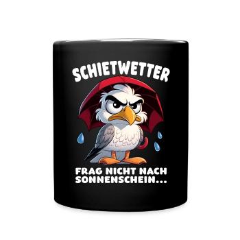 Schietwetter Spruch Lustige Möwe mit Regenschirm - Tasse einfarbig - Schwarz - Vorne