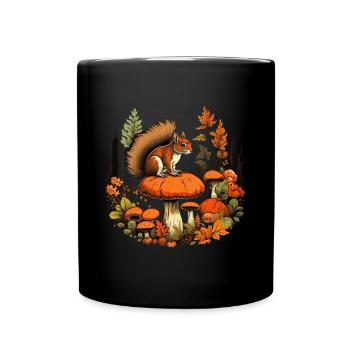 Herbst Eichhörnchen auf Orange Pilz Wald Szene - Tasse einfarbig - Schwarz - Vorne