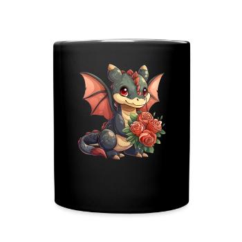 Drache mit Rosen Valentinstag Niedlich - Tasse einfarbig - Schwarz - Vorne