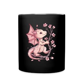 Drache Japanische Kirschblüten Niedlich - Tasse einfarbig - Schwarz - Vorne
