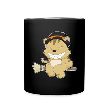 Katze Hexe Besen - Tasse einfarbig - Schwarz - Vorne