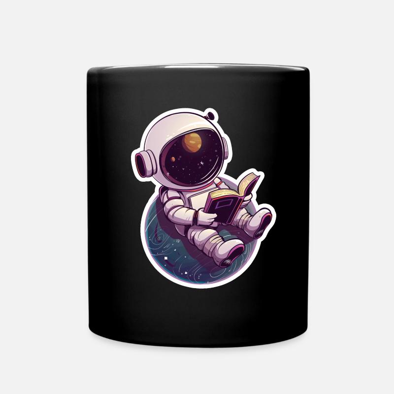 Astronaut reads in front of Earth – Space Design - Full Colour Mug - black