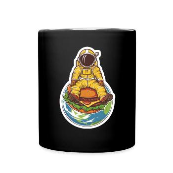 Astronaut hovering over the earth with a burger - Full Colour Mug - black - Front
