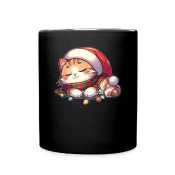 Christmas Hat Christmas Fairy Lights Cat - Full Colour Mug - black - Front