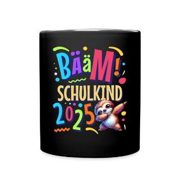 Bääm Schulkind 2025 Dabbing Faultier - Tasse einfarbig - Schwarz - Vorne
