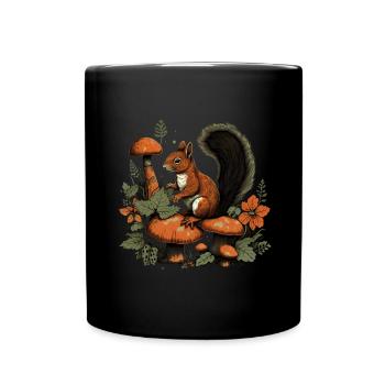 Herbst Eichhörnchen auf Orange Pilz Wald Szene - Tasse einfarbig - Schwarz - Vorne