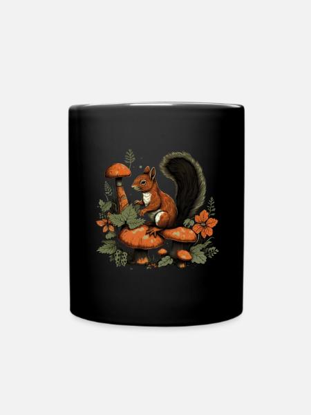 Herbst Eichhörnchen auf Orange Pilz Wald Szene - Tasse einfarbig - Schwarz
