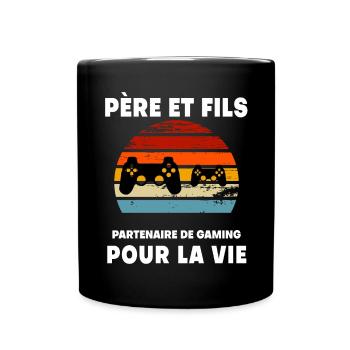 Vater und Sohn Gaming Vintage Retro Sonnenuntergang Gamer - Tasse einfarbig - Schwarz - Vorne