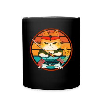 Japanese Samurai Cat Warrior Retro Ninja - Full Colour Mug - black - Front