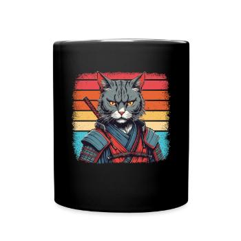 Japanese Samurai Cat Warrior Retro Ninja - Full Colour Mug - black - Front