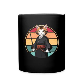 Japanese Samurai Cat Warrior Retro Ninja - Full Colour Mug - black - Front