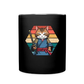 Japanese Samurai Cat Warrior Retro Ninja - Full Colour Mug - black - Front