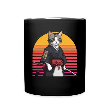 Japanese Samurai Cat Warrior Retro Ninja - Full Colour Mug - black - Front