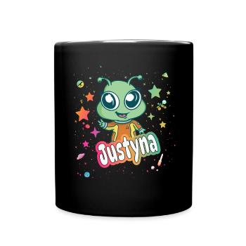 JUSTYNA - Schöner Mädchen Name & niedlichem Alien - Tasse einfarbig - Schwarz - Vorne