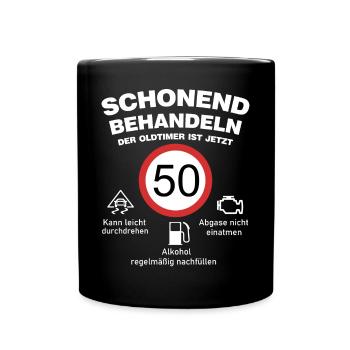 Der Oldtimer wird 50 Jahre alt lustige Auto Spruch - Tasse einfarbig - Schwarz - Vorne
