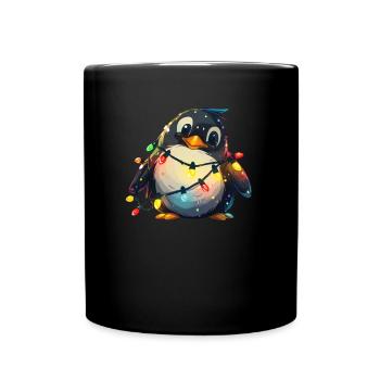 Pinguin in Weihnachtslichter eingewickelt Pinguin - Tasse einfarbig - Schwarz - Vorne