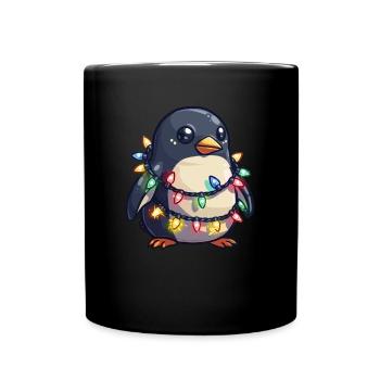 Pinguin in Weihnachtslichter eingewickelt Pinguin - Tasse einfarbig - Schwarz - Vorne