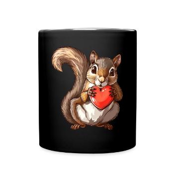 Cute Squirrel Holding Red Heart Illustration - Full Colour Mug - black - Front