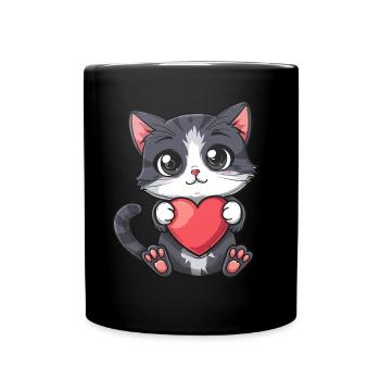 Chaton mignon tenant un coeur avec de grands yeux et rose - Mug uni - noir - Devant