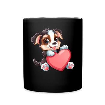 Adorable Puppy Holding Heart - Cute and Lovable - Full Colour Mug - black - Front