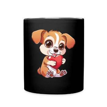 Adorable Puppy Holding Heart - Cute and Lovable - Full Colour Mug - black - Front