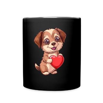 Cute Puppy Holding Heart Cartoon Design for Dog - Tasse einfarbig - Schwarz - Vorne