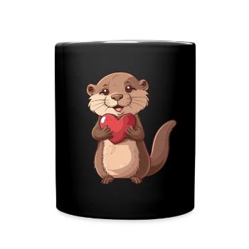 Loutre mignonne tenant coeur doux amour illustration - Mug uni - noir - Devant
