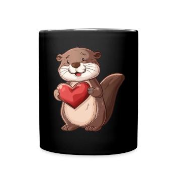 Adorable Loutre tenant un cœur - Animal mignon - Mug uni - noir - Devant