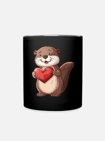 Adorable Otter Holding a Heart - Cute Animal - Tasse einfarbig - Schwarz