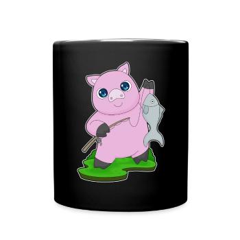 Schwein Angler Fisch Angeln - Tasse einfarbig - Schwarz - Vorne