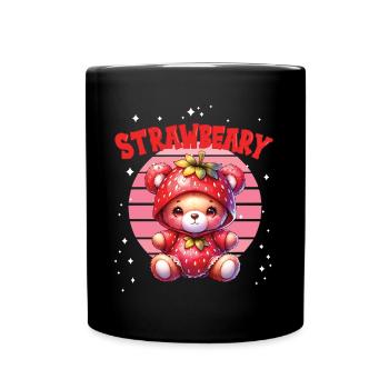 Petit ours kawaii japonais avec des fraises en costume - Mug uni - noir - Devant