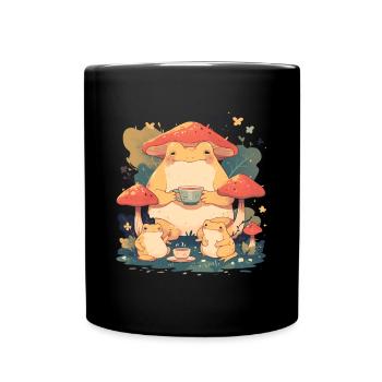 Frogs With Tea Toadstool Cottagecore Leaves - Full Colour Mug - black - Front