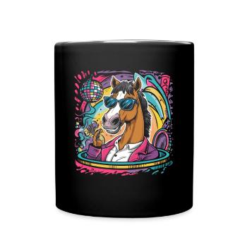 Lustiges Pferd mit Sonnenbrille Discokugel - Tasse einfarbig - Schwarz - Vorne
