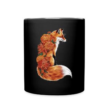 Fox Flowers, Animal Fox with Floral Print - Full Colour Mug - black - Front