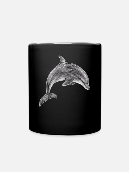 Delfin Zeichnung Illustration Schwarz-Weiß - Tasse einfarbig - Schwarz