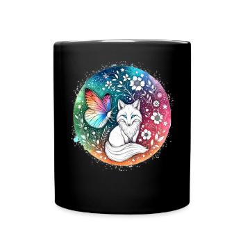 renard, papillons, fleurs animales, illustration, sortie - Mug uni - noir - Devant