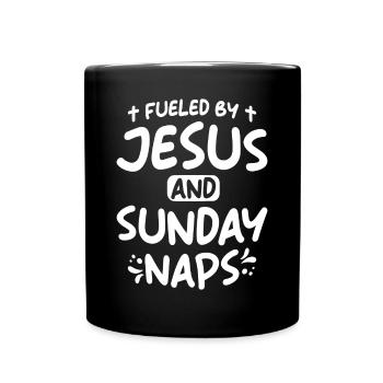 Powered By Jesus And Sunday Naps - Full Colour Mug - black - Front