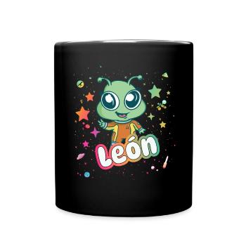 LEÓN - Schöner Junge Name mit süßem Alien - Tasse einfarbig - Schwarz - Vorne
